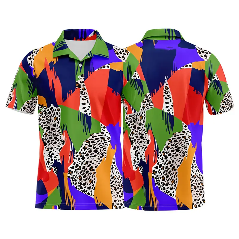 Leopard Colorful Men Polo Shirt Unique 3D Print Graphic Short Sleeve Stripe Golf Shirts Customized Name Logo Personality Men Tee