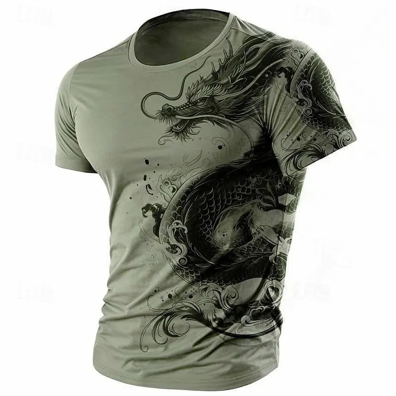 3D Print Dragon Pattern T-shirt Men Vintage Street Short Sleeve O Neck T Shirts Harajuku Trend Man Spring Fashion Trend New Tee
