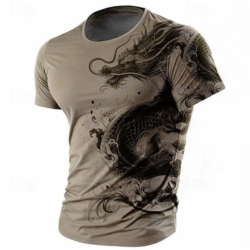 3D Print Dragon Pattern T-shirt Men Vintage Street Short Sleeve O Neck T Shirts Harajuku Trend Man Spring Fashion Trend New Tee
