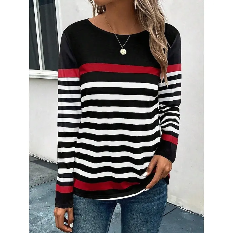 Print Stripes Sweatshirt Women's Clothing Simple Design Round Neck Casual Sweatshirts Color Block Graphic Spring Sport Hoodie