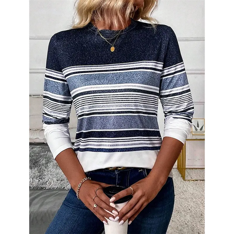 Print Stripes Sweatshirt Women's Clothing Simple Design Round Neck Casual Sweatshirts Color Block Graphic Spring Sport Hoodie