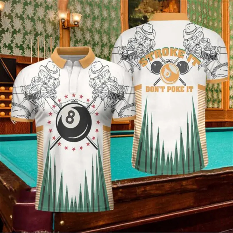 Billiards Cue Print Polo Shirt Men's Casual Sport Clothing Short Sleeve Lapel Shirts Personality Fashion 2025 New Loose Tee Top