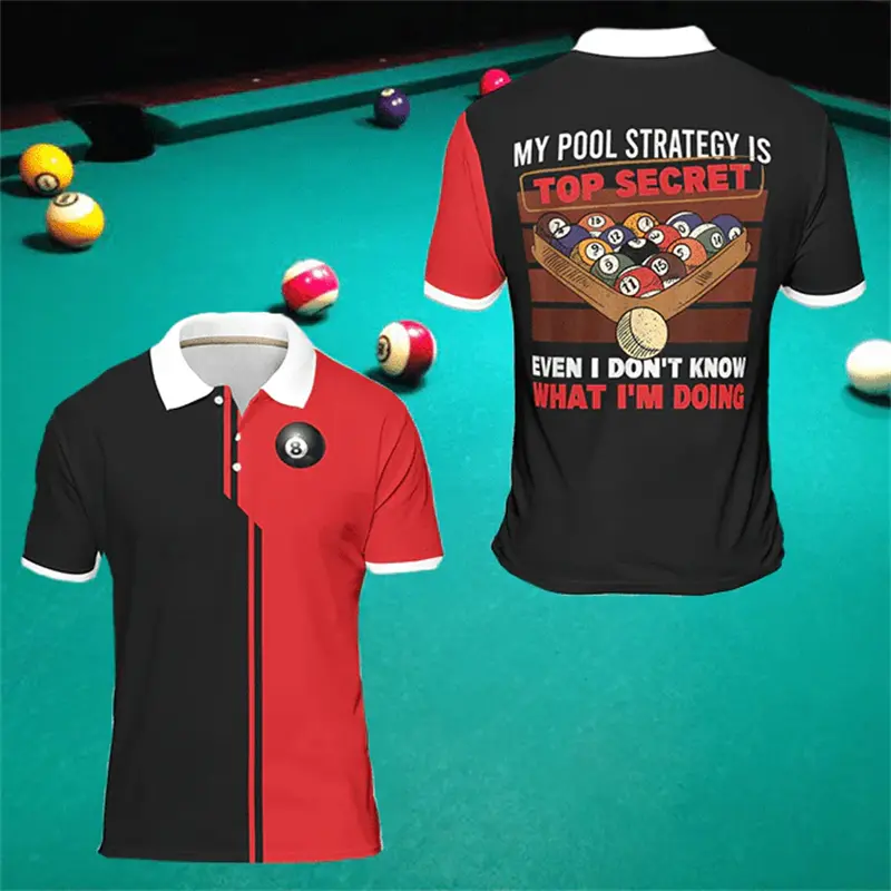 Billiards Cue Print Polo Shirt Men's Casual Sport Clothing Short Sleeve Lapel Shirts Personality Fashion 2025 New Loose Tee Top