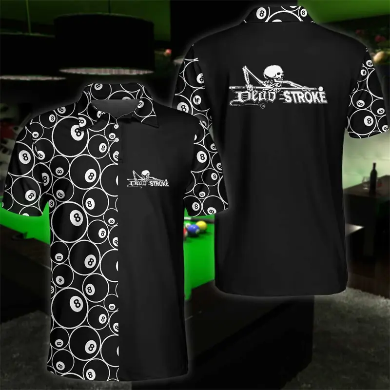 Billiards Cue Print Polo Shirt Men's Casual Sport Clothing Short Sleeve Lapel Shirts Personality Fashion 2025 New Loose Tee Top