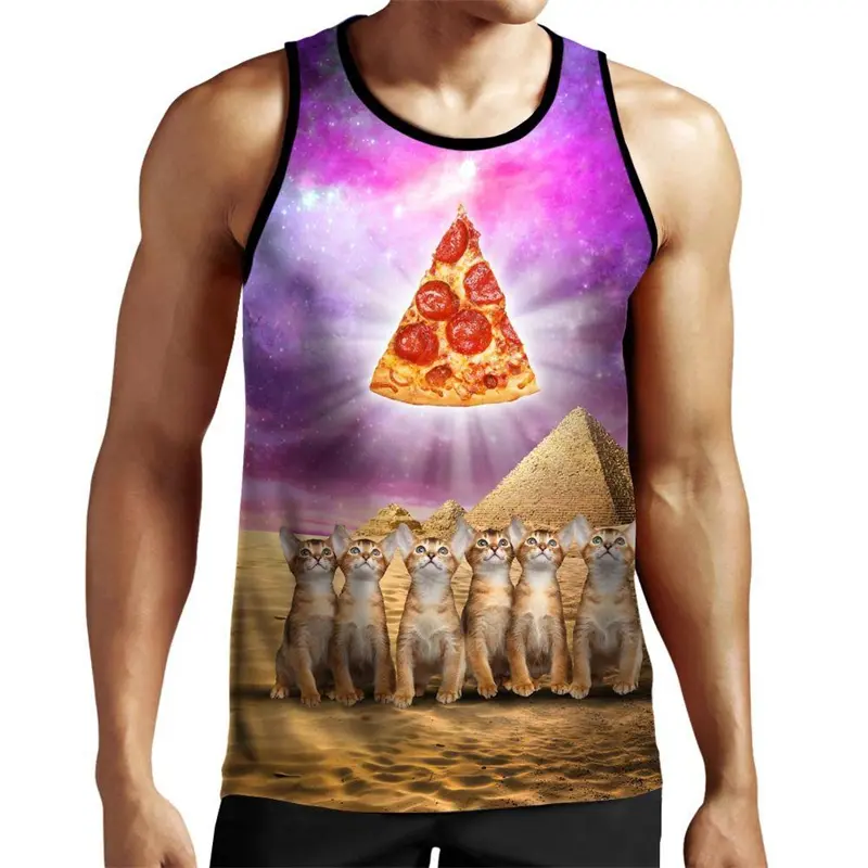 Pizza Cat Funny Tank Top Mens Clothing 3d Digital Printing Colorful Fantasy Sleeveless Shirt 2025 Summer Children Size Men Vest