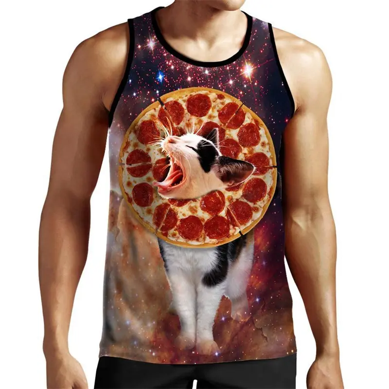 Pizza Cat Funny Tank Top Mens Clothing 3d Digital Printing Colorful Fantasy Sleeveless Shirt 2025 Summer Children Size Men Vest