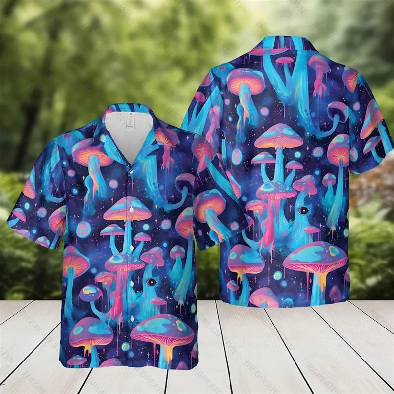 Psychedelic Mushroom Personality Shirts Men Women Personality Harajuku Lapel Button Shirts Hippie Summer 2025 New Asian Size