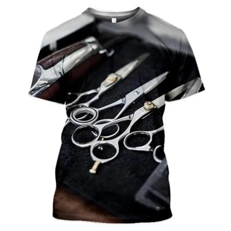 Barber Work T-Shirt Mens Clothing Short Sleeves O-neck T Shirts 3D Printed Comb Scissors Personality Harajuku Street Tees Tops