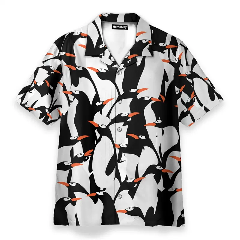 Farm Animals Dairy Cow Print Leisure Shirts For Men Cute Black White Panda Penguin Lapel Button Shirts Summer Fashion Asian Size