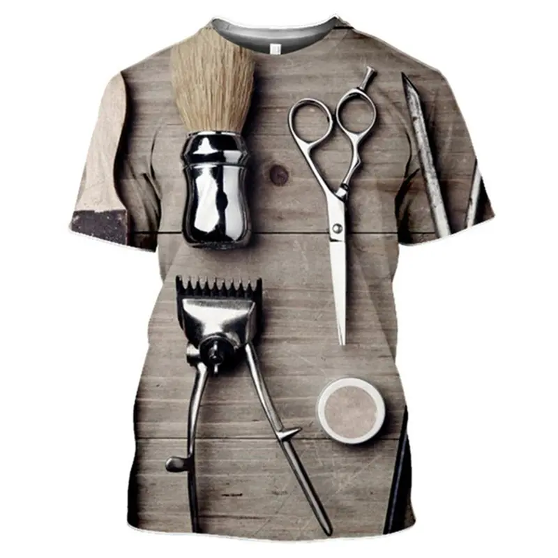Barber Work T-Shirt Mens Clothing Short Sleeves O-neck T Shirts 3D Printed Comb Scissors Personality Harajuku Street Tees Tops