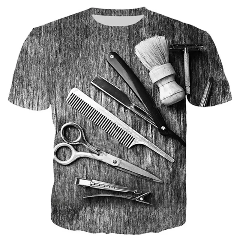 Barber Work T-Shirt Mens Clothing Short Sleeves O-neck T Shirts 3D Printed Comb Scissors Personality Harajuku Street Tees Tops