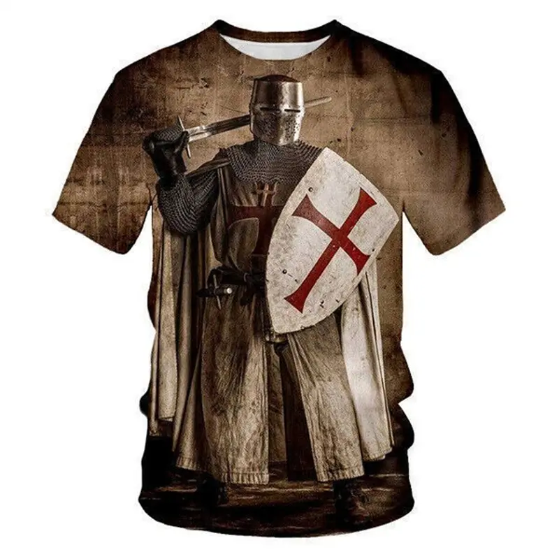 Knights Templar T-shirt Men's 3D Printing Cross Round Neck Short Sleeve T Shirts Harajuku Personality Cool Breathable Tee Top
