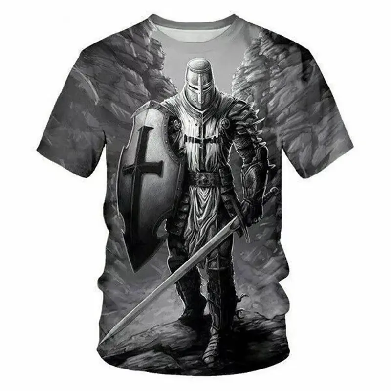 Knights Templar T-shirt Men's 3D Printing Cross Round Neck Short Sleeve T Shirts Harajuku Personality Cool Breathable Tee Top