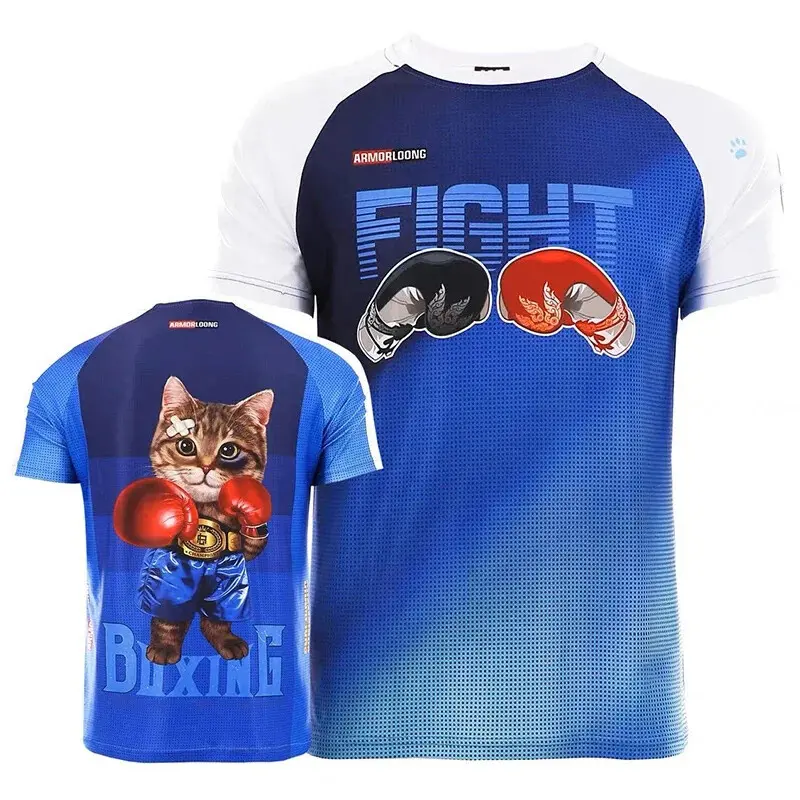 Muay Thai Fighting Sports Training T-shirt For Men's Clothing O-neck Pullover Shirt Harajuku Street Funny Cat Graphic Tee Top