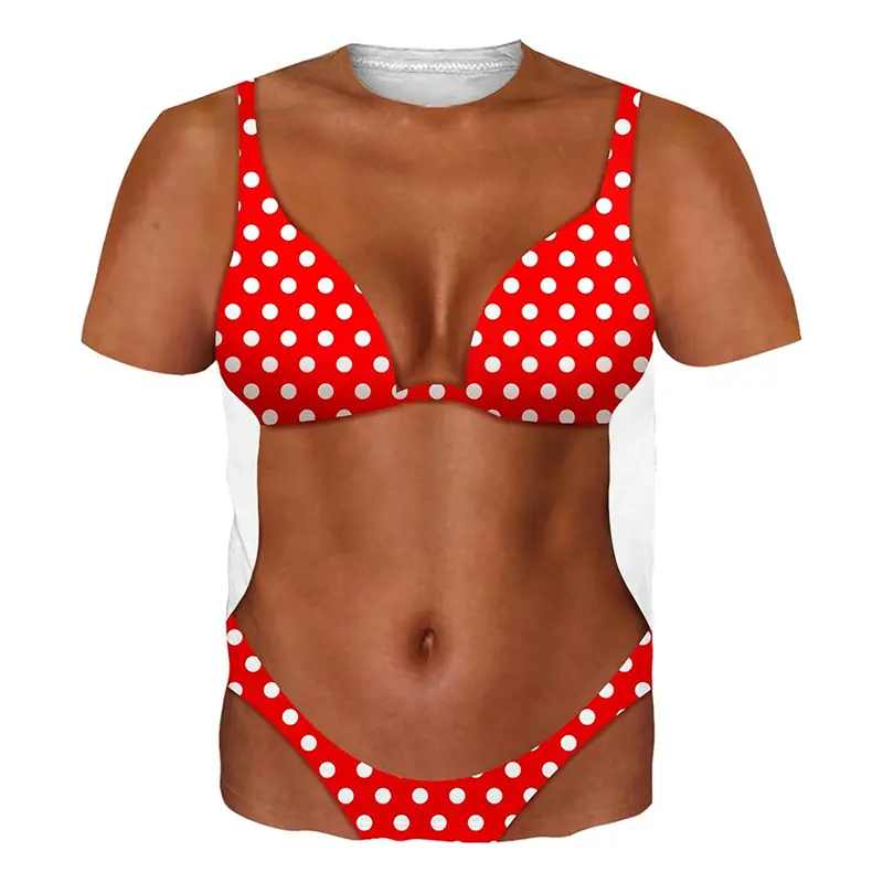 Hot Sexy Bikini Print T-Shirt For Men And Women Novelty Fake Muscle Funny T Shirts Hip Hop Street Personality 2025 Summer Tee