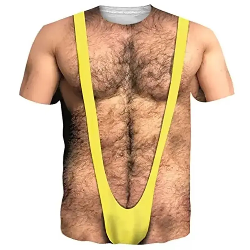 Hot Sexy Bikini Print T-Shirt For Men And Women Novelty Fake Muscle Funny T Shirts Hip Hop Street Personality 2025 Summer Tee