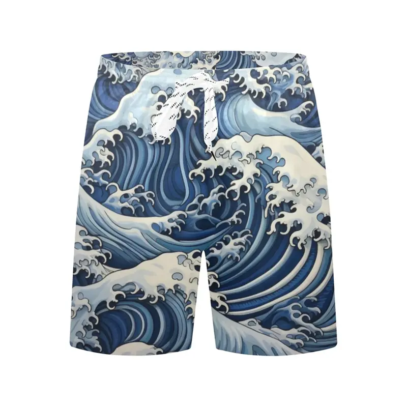 Japanese Style Waves Print Beach Short For Men And Kids Quick Dry Drawstring Surf Swim Trunks Football Sports Funny Board Shorts