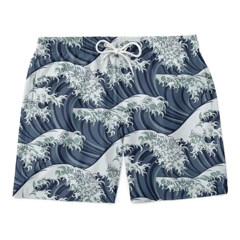 Japanese Style Waves Print Beach Short For Men And Kids Quick Dry Drawstring Surf Swim Trunks Football Sports Funny Board Shorts