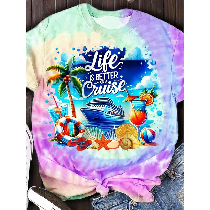 Resort Style T-shirt Women And Men Tie-dye Print Round Neck Short Sleeve T Shirts Outdoor Casual Fashion Beach Sports Female Tee