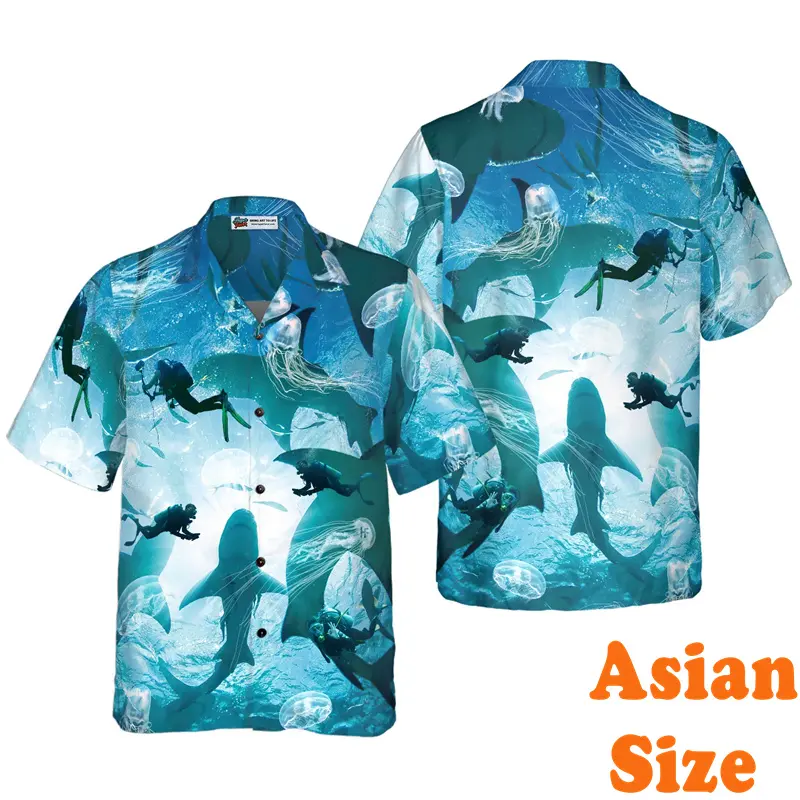 Diving Theme Print Blue Shirt Men's Clothing Diving Hobby Funny Sport Button Hawaiian Shirts Summer Breathable Casual Tees Top