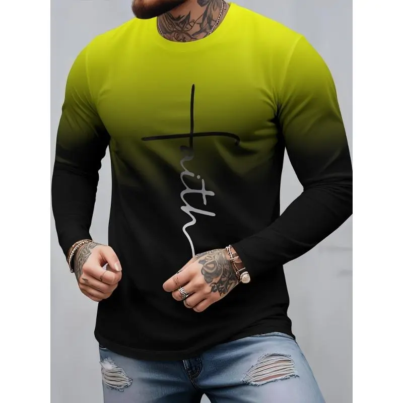 Christian Faith Gradient T-shirt Men's Clothing Cross Print Long Sleeve T Shirts Street Fashion Simple Design Spring Men Tee Top