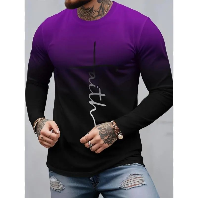 Christian Faith Gradient T-shirt Men's Clothing Cross Print Long Sleeve T Shirts Street Fashion Simple Design Spring Men Tee Top