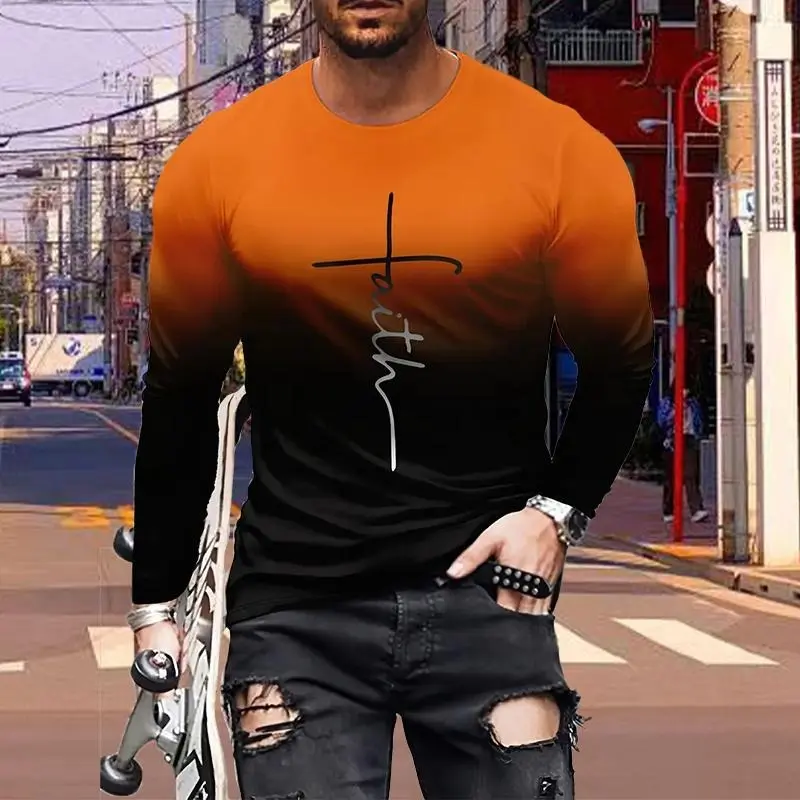 Christian Faith Gradient T-shirt Men's Clothing Cross Print Long Sleeve T Shirts Street Fashion Simple Design Spring Men Tee Top
