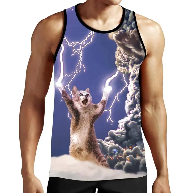 Hip Hop Funny Vest Men's Clothing Pizza Cat Graphic Sleeveless Shirts Starry Sky Print 2025 Summer Casual Outdoor Sport Tank Top
