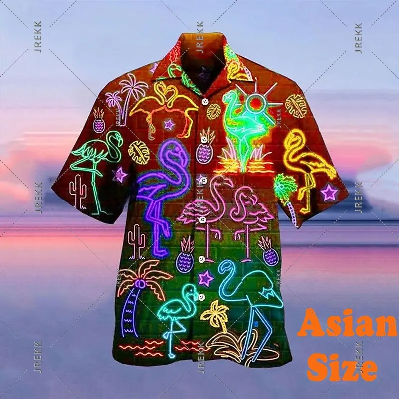 Neon Print Hawaii Shirt For Men's Clothing Summer Camp Vacation Fashion Casual Button Shirts Flamingo Coconut Summer Blouse Top