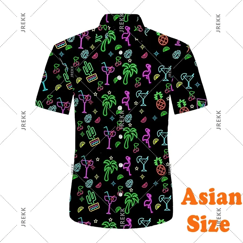 Neon Print Hawaii Shirt For Men's Clothing Summer Camp Vacation Fashion Casual Button Shirts Flamingo Coconut Summer Blouse Top