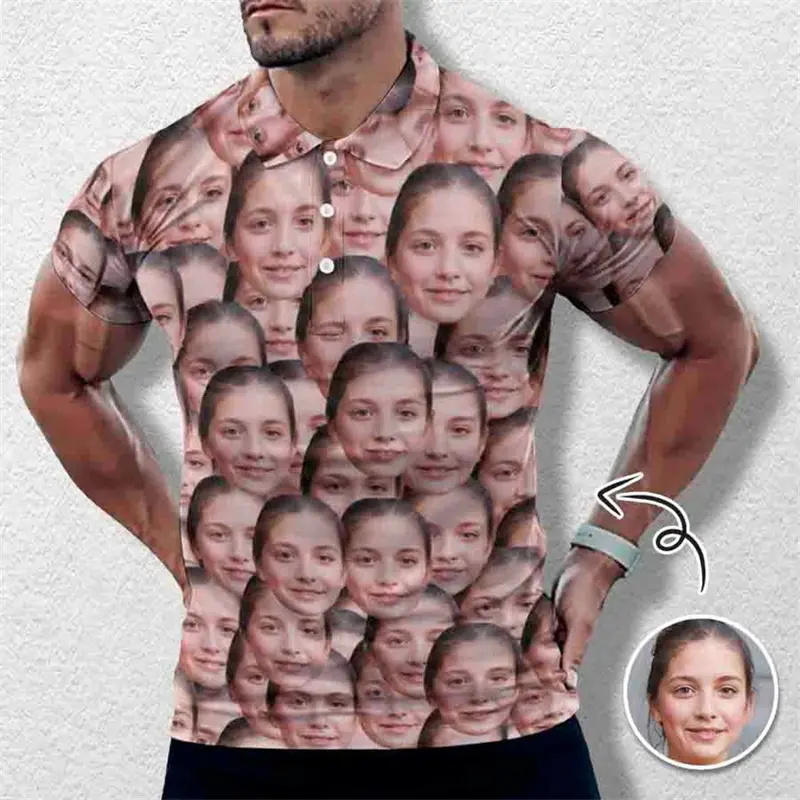 Custom Face Prints Polo Shirt Men's Clothing Photos Short Sleeve Button Funny Shirts Summer Street Trend Gift for Dad Tee Top