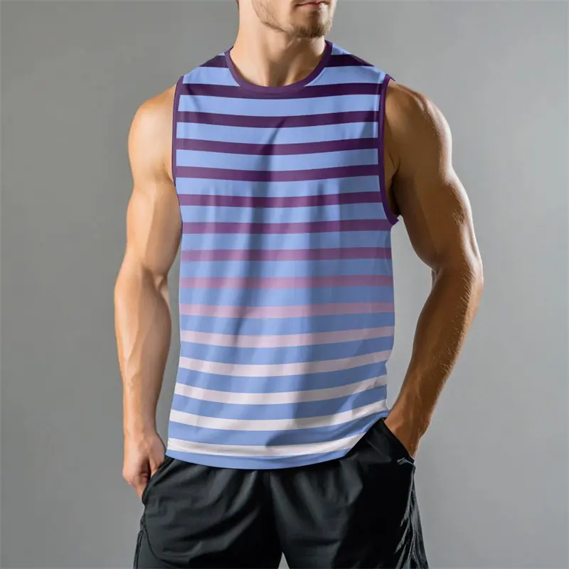 Gym Fitness Breathable Tank Top Men Clothes Stripe Gradient 3D Print Casual Sleeveless T-shirt Summer Daily Fashion Basic Vest