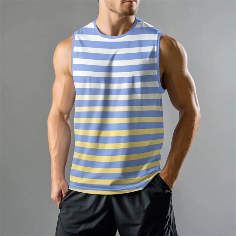 Gym Fitness Breathable Tank Top Men Clothes Stripe Gradient 3D Print Casual Sleeveless T-shirt Summer Daily Fashion Basic Vest