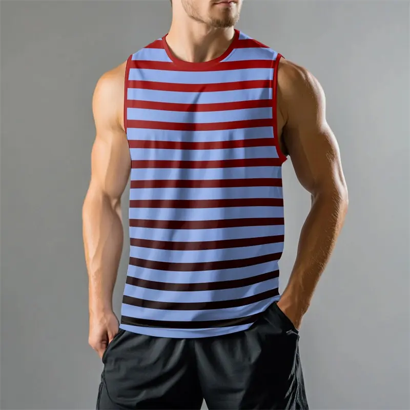 Gym Fitness Breathable Tank Top Men Clothes Stripe Gradient 3D Print Casual Sleeveless T-shirt Summer Daily Fashion Basic Vest