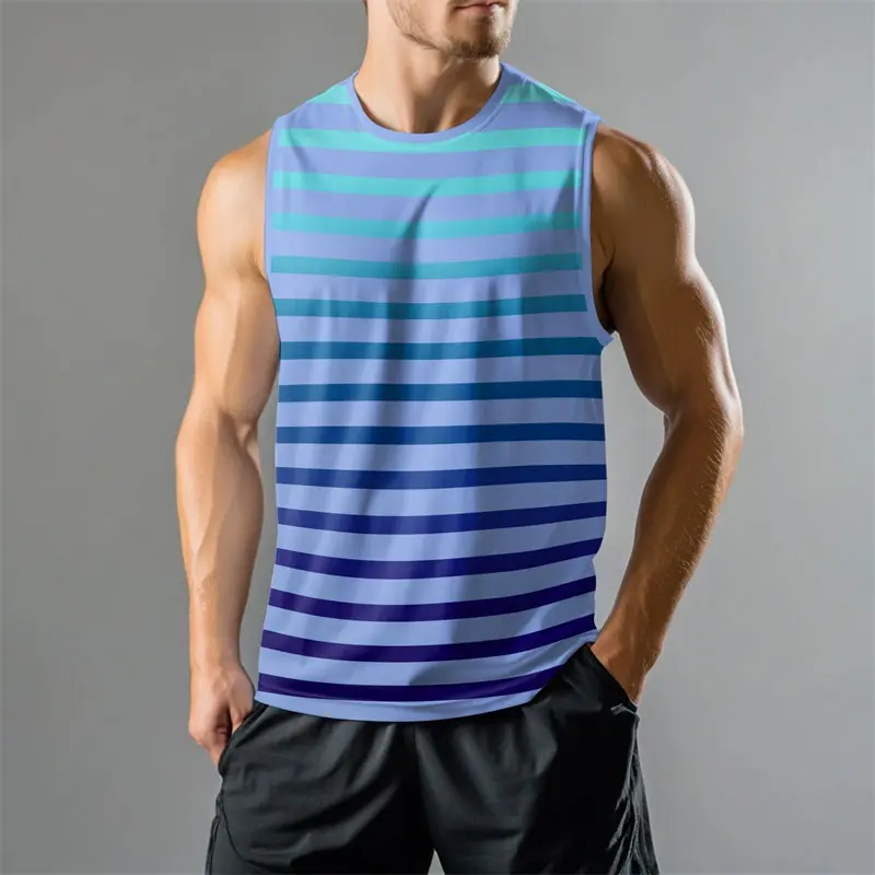 Gym Fitness Breathable Tank Top Men Clothes Stripe Gradient 3D Print Casual Sleeveless T-shirt Summer Daily Fashion Basic Vest