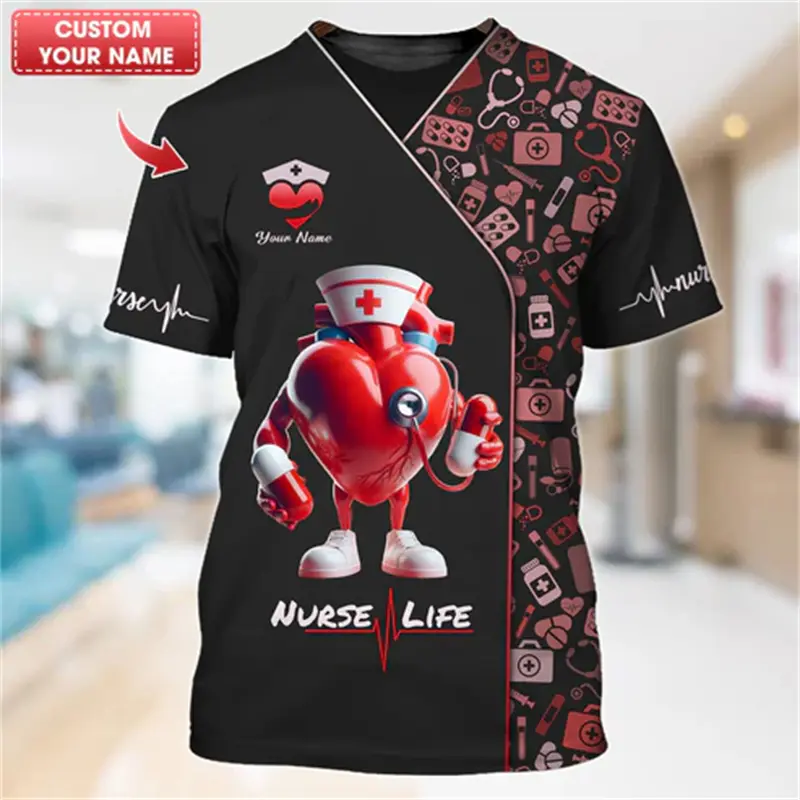 Nurse Uniform T-shirt For Women Custom Name Cosplay Tee Fashion 3D Print Pattern O-neck Short Sleeve Harajuku Fashion Pullover