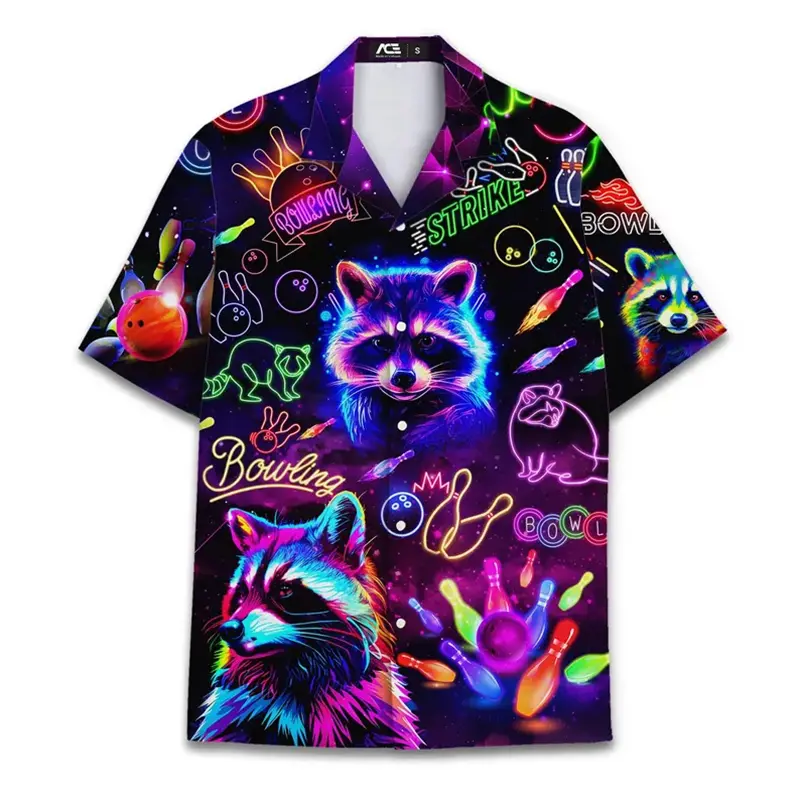 3D Print Neon Animal Design Retro Shirt Men Clothing Nostalgic 80s Bar Style Button Hawaiian Shirts Summer Harajuku Hip Hop Top