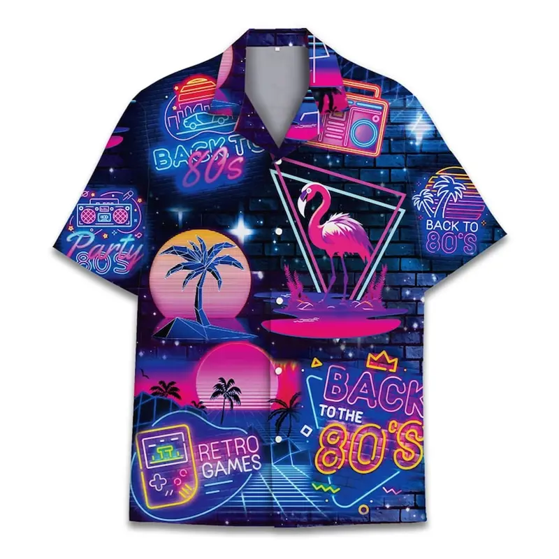 3D Print Neon Animal Design Retro Shirt Men Clothing Nostalgic 80s Bar Style Button Hawaiian Shirts Summer Harajuku Hip Hop Top