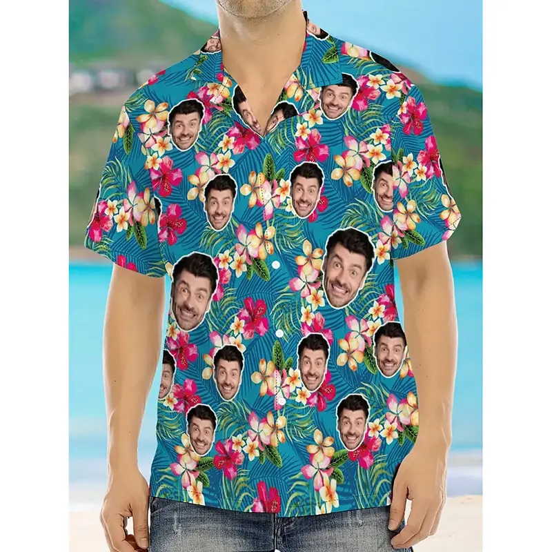 Customized Face Photo Hawaiian Shirt Funny Humour Personality 3D Print Short Sleeve Button Shirts 2025 Outdoor Beach Leisure