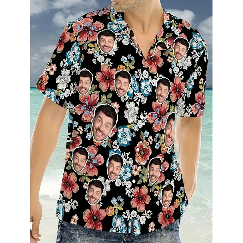 Customized Face Photo Hawaiian Shirt Funny Humour Personality 3D Print Short Sleeve Button Shirts 2025 Outdoor Beach Leisure
