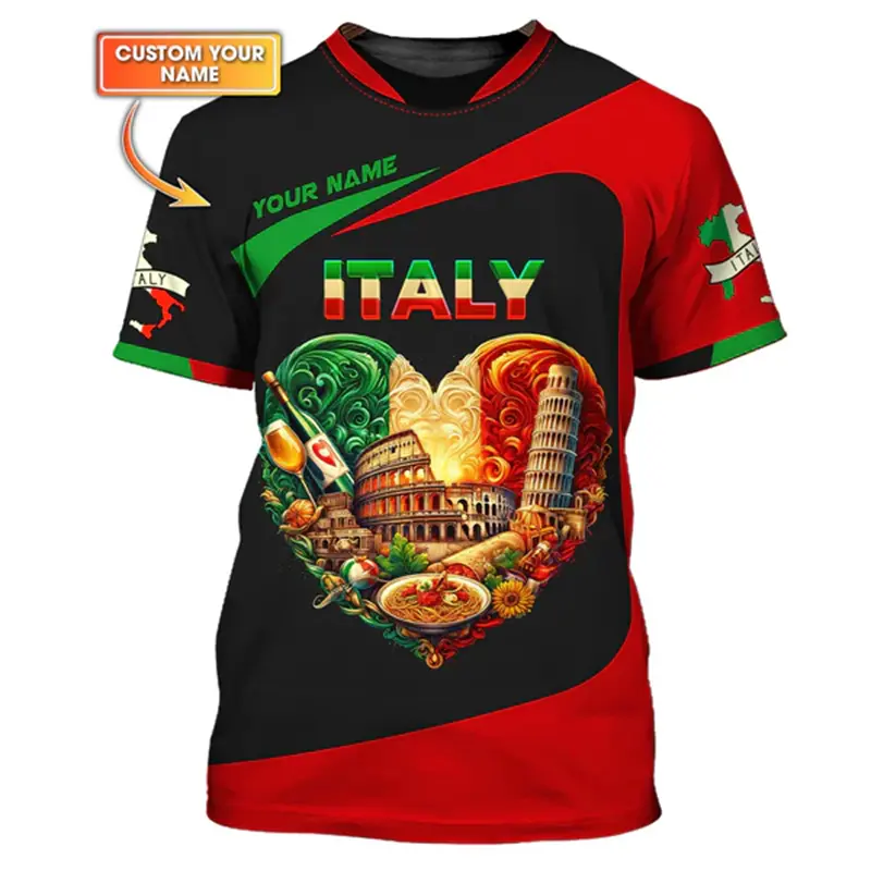 Italy Flag Print T-shirt For Men's Clothing Custom Name Short Sleeve T Shirts DIY Unique Pattern Male Tee Shirt Oversized Top
