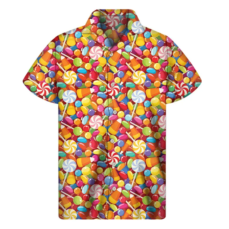 Colorful Candy 3d Printed Shirt Men Clothes Funny Street Casual Shirts Top Personality Trend Short Sleeves Lapel Button Blouse