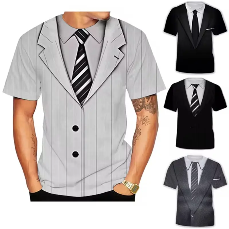 Striped Necktie Pattern T-shirt 3D Printing Fake Single Breasted Round Neck Short Sleeves Funny Fashion Summer New Tee Shirts