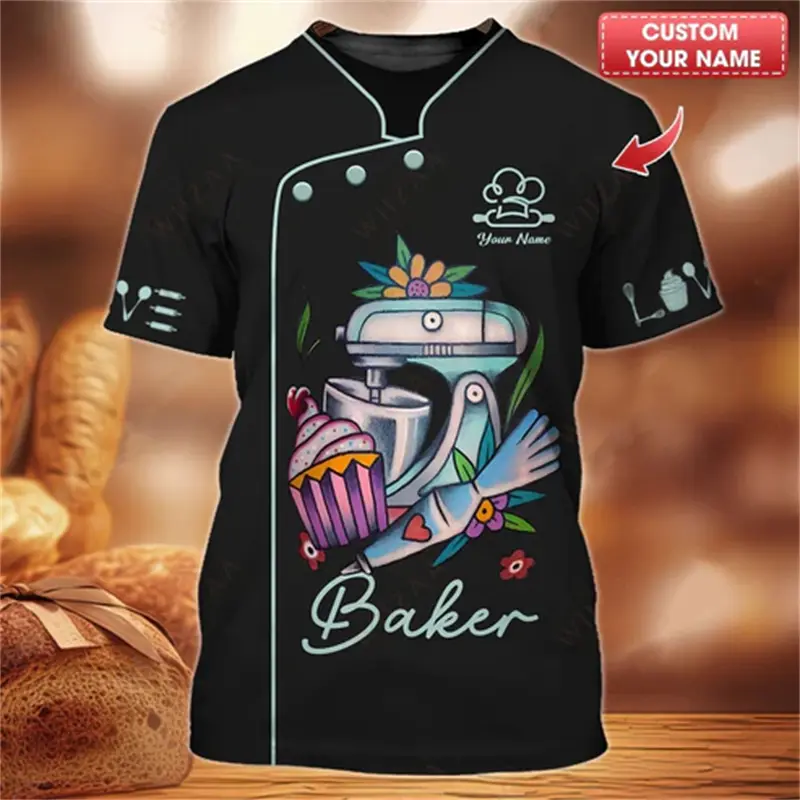 Baker Work Clothes Fashion T-shirt Personality 3D Print Food Pattern Short Sleeve T Shirts Baking Custom Name Pullover Tee 2025