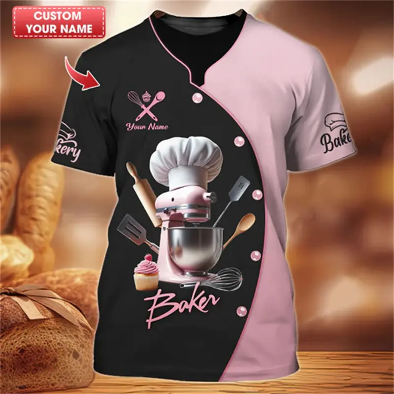 Baker Work Clothes Fashion T-shirt Personality 3D Print Food Pattern Short Sleeve T Shirts Baking Custom Name Pullover Tee 2025