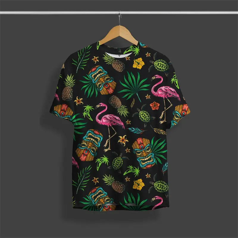 Hawaii Vacation Tiki T-shirt Graffiti Street Harajuku Crewneck T Shirts Men Women 3D Printed Colorful Leaf Surfing Sport Tee Top