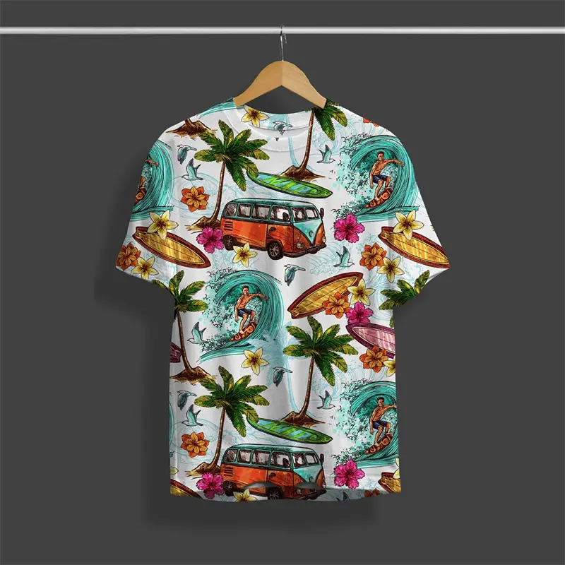 Hawaii Vacation Tiki T-shirt Graffiti Street Harajuku Crewneck T Shirts Men Women 3D Printed Colorful Leaf Surfing Sport Tee Top