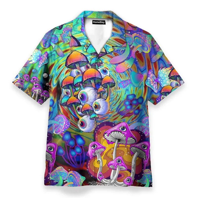 Colorful 3D Print Hippie Style Men Shirts Personality Psychedelic Mushroom Graphic Short Sleeve Blouse Summer Breathable Trend