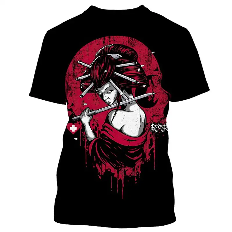 Japan Geisha 3D Print T-shirt Men's Harajuku Street Clothes Short Sleeve T Shirts 3D Print Vintage Trend Unique Design New Tee