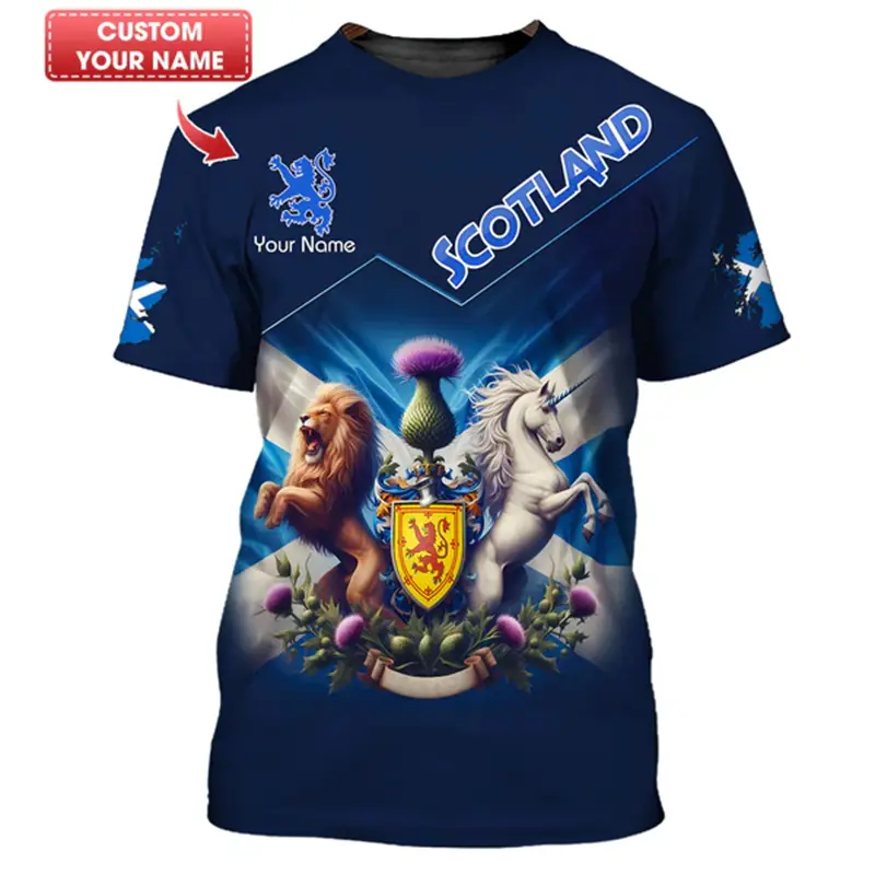 Scotland Custom Name T-shirt For Men's Clothing Short Sleeve T Shirts Striped Plaid Lion Pattern Daily Casual Oversized Tee Top